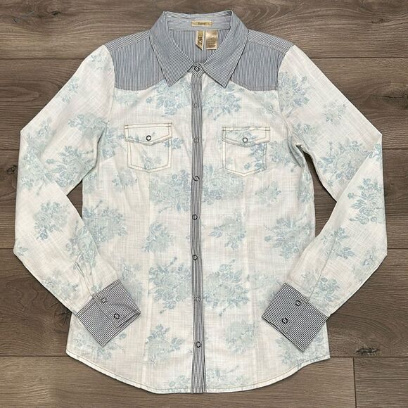 BKE Floral Slim Fitted Western Front Snap Shirt Blue White Size S/M - Picture 1 of 11